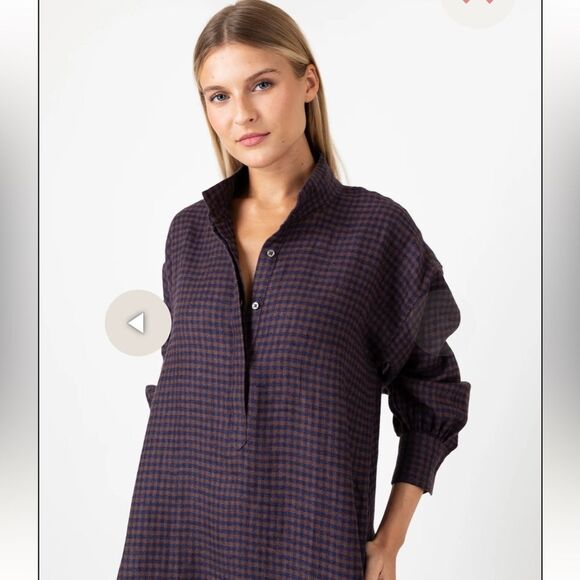 Ann Mashburn Anaya Popover Dress in Brown Navy Gingham Linen Size MED - Picture 4 of 15
